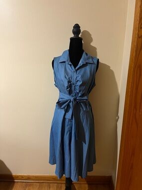 Sleeveless Button-Front Blue Shirt Dress with Waist Tie